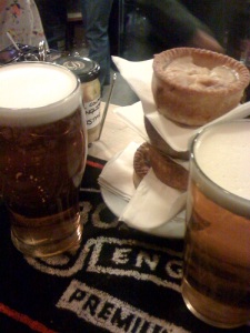 Two pints of Beyond the Pale and three pork pies in The Railway